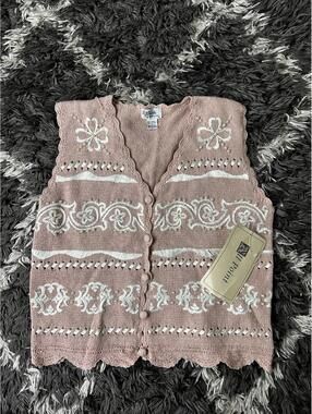 VTG 90s All Points Reference Point Knit Sweater Vest Pink Pearls NWT Large